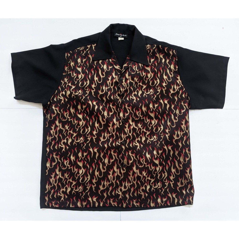 Vintage Johnny Suede Shirt Men's black 2XL flames Casual Button Up short sleeve